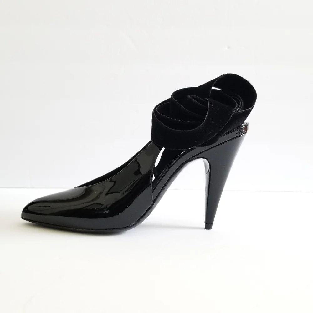 Saint Laurent Patent Leather Slingback Pointed Toe Lace Up Pumps Size 38… - Picture 11 of 12
